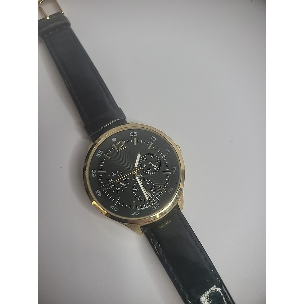 Vintage Wristwatch Watch Gold Tone Black Strap Day Men Women Jewelry Accesories